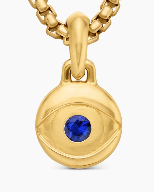 Mens Evil Eye Amulet in 18K Yellow Gold with Blue Sapphire, 14.5mm
