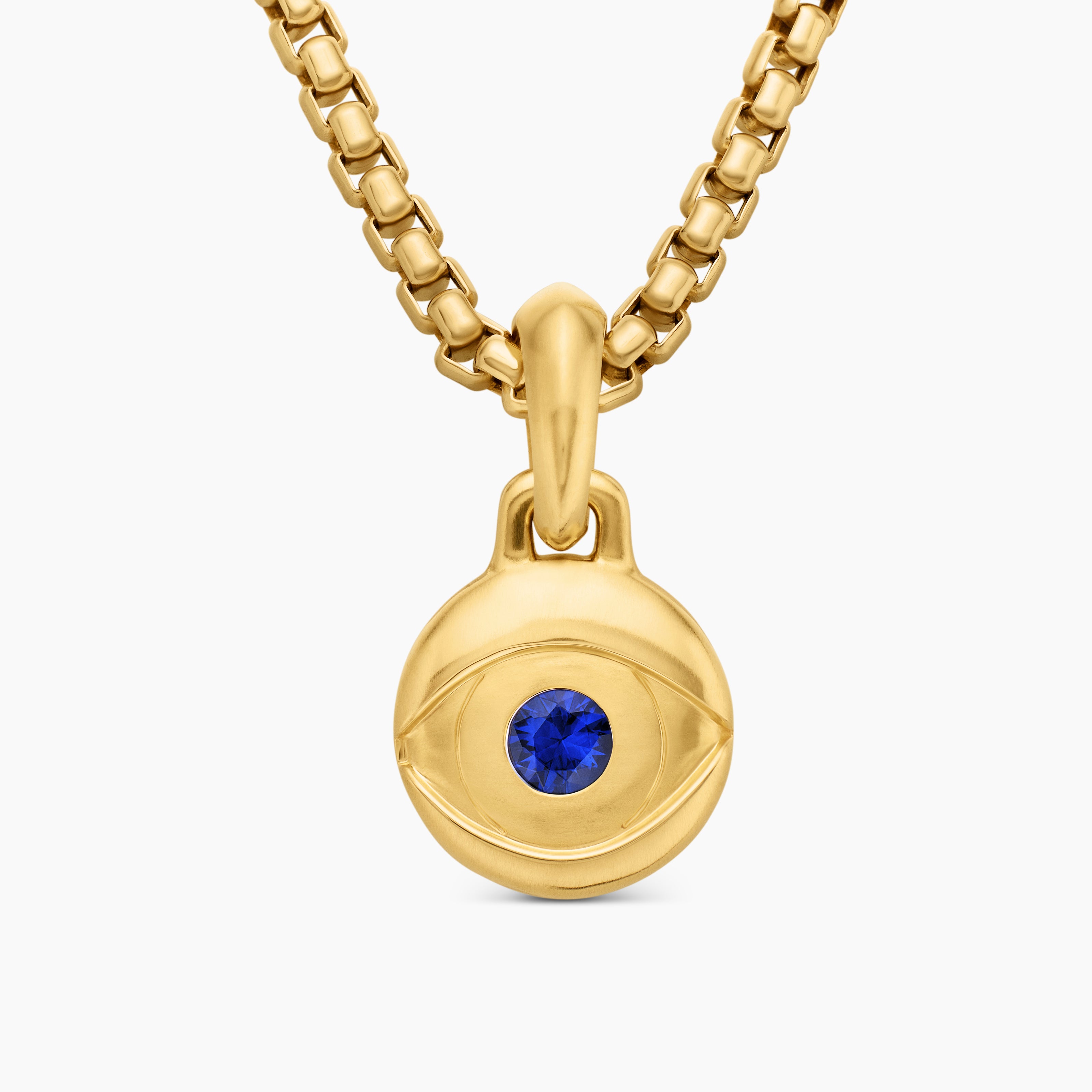 Mens Evil Eye Amulet in 18K Yellow Gold with Blue Sapphire, 14.5mm