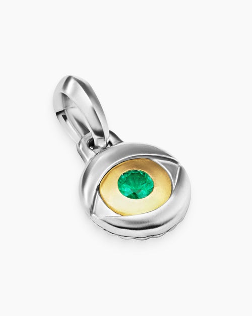Mens Evil Eye Amulet in Sterling Silver with 18K Yellow Gold and Emerald, 14.5mm