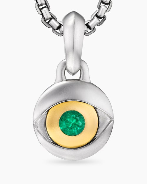 Mens Evil Eye Amulet in Sterling Silver with 18K Yellow Gold and Emerald, 14.5mm