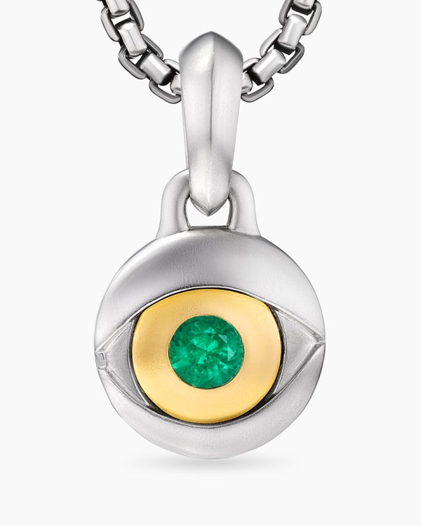 Evil Eye Amulet in Sterling Silver with 18K Yellow Gold and Emerald, 14.5mm