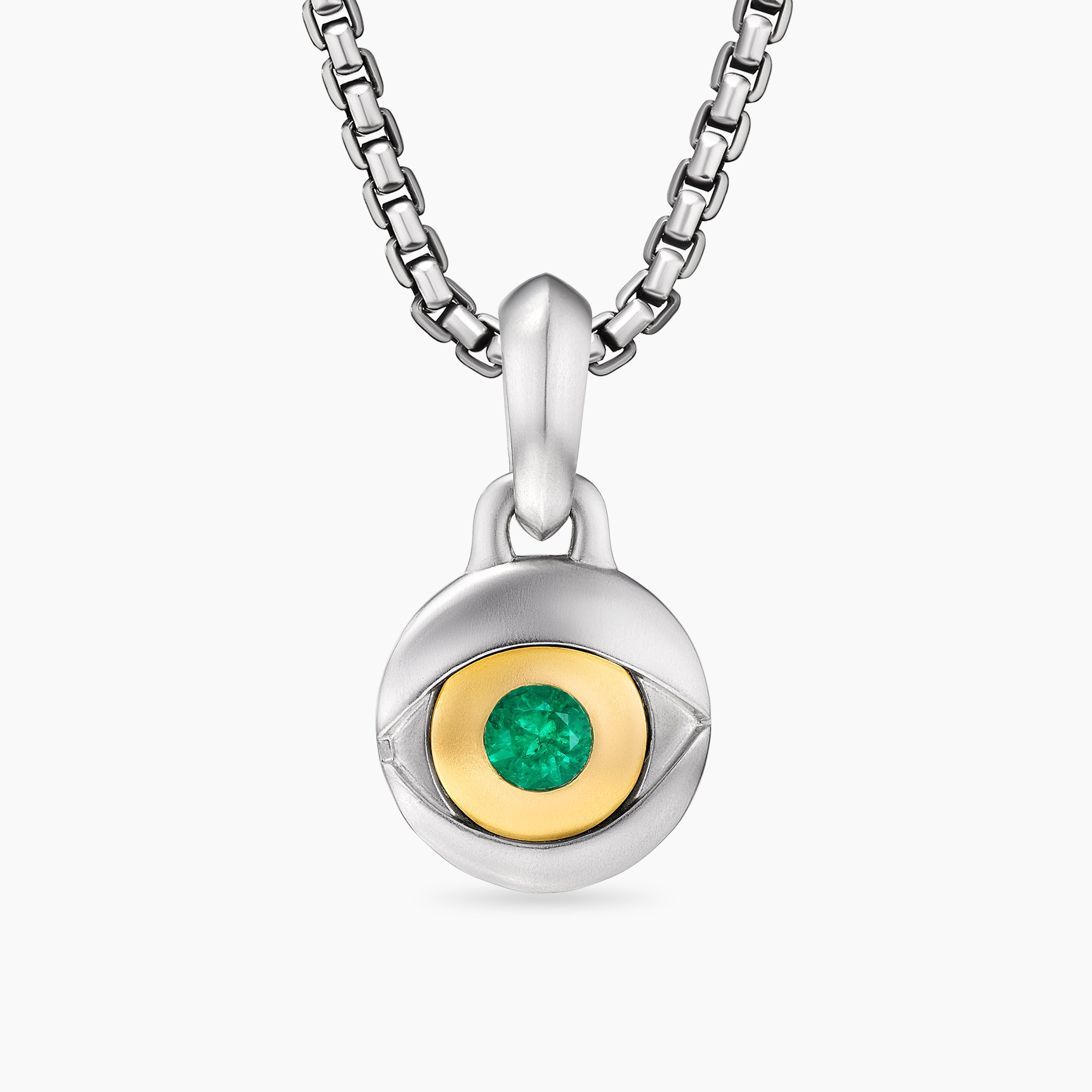 Mens Evil Eye Amulet in Sterling Silver with 18K Yellow Gold and Emerald, 14.5mm