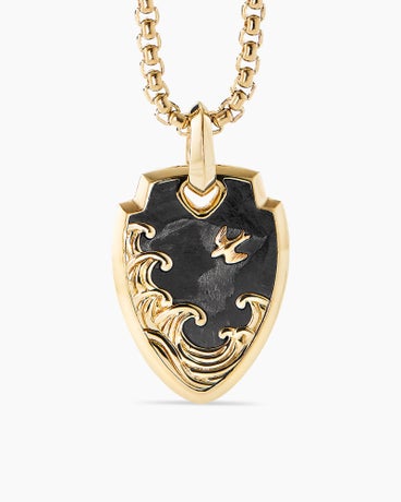 Waves Shield Pendant in 18K Yellow Gold with Forged Carbon, 32mm