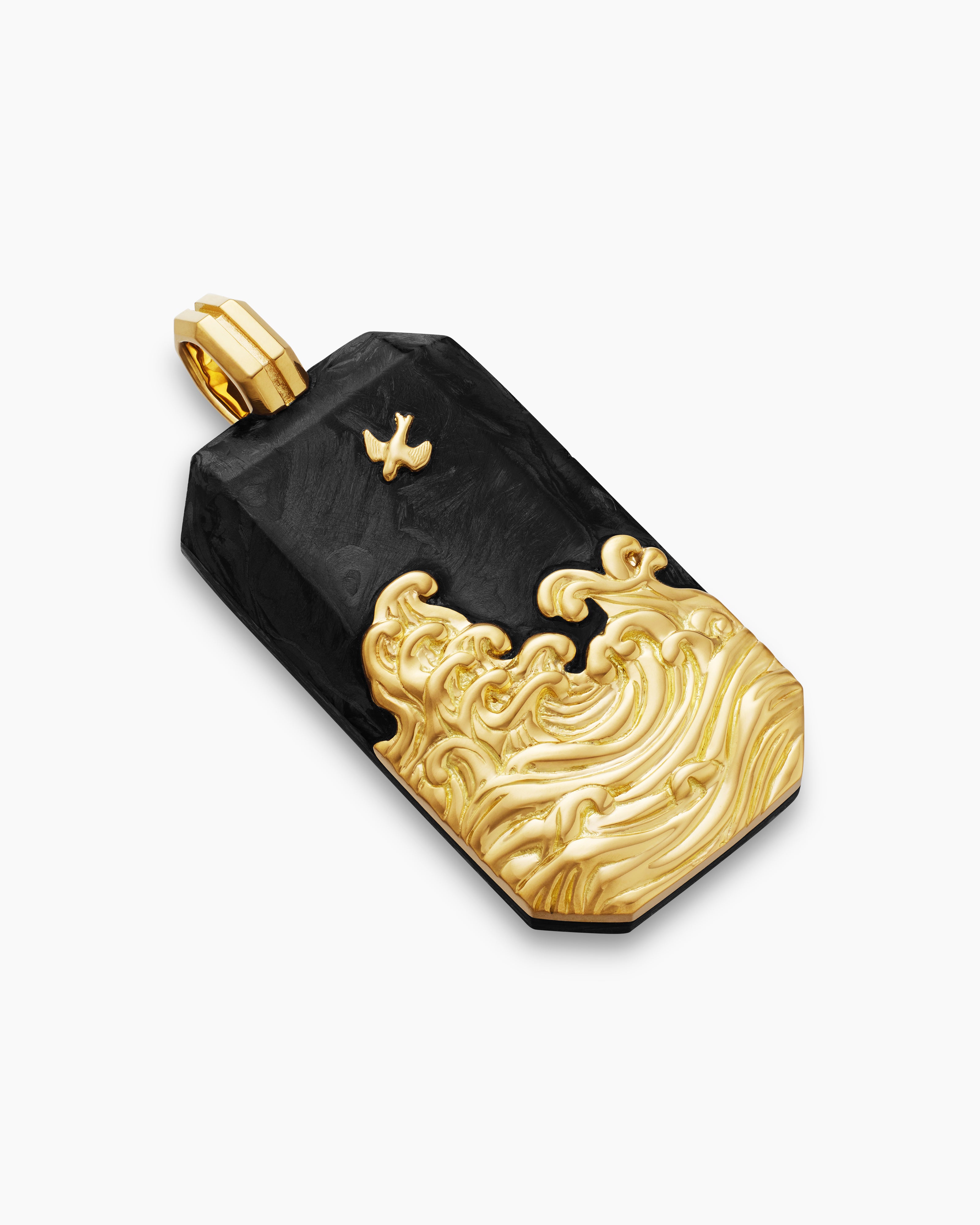 Mens Waves Tag in 18K Yellow Gold with Forged Carbon, 50mm | David 