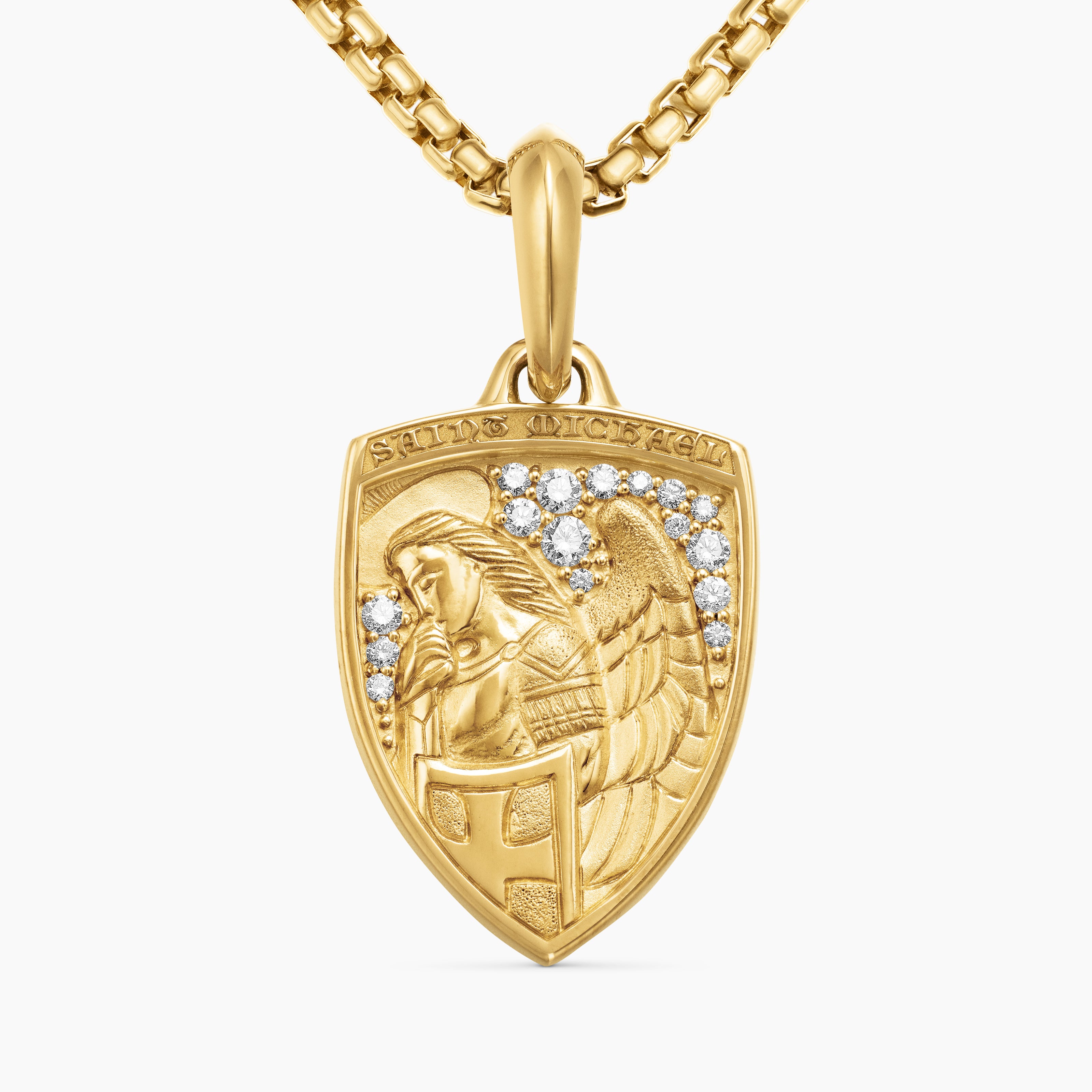 Mens St. Michael Amulet in 18K Yellow Gold with Diamonds, 26mm