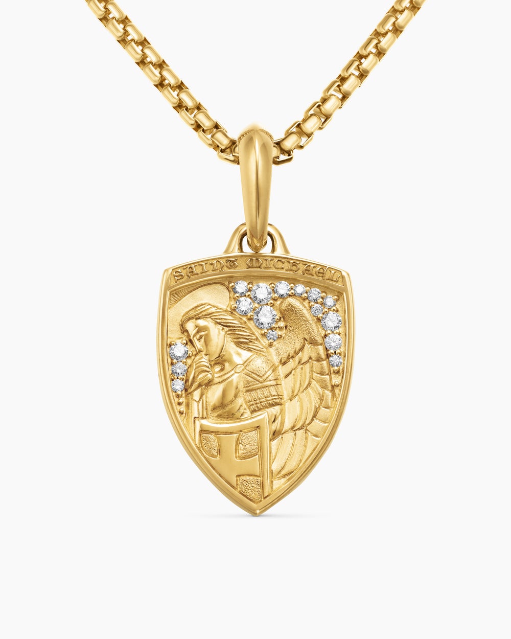 Mens St. Michael Amulet in 18K Yellow Gold with Diamonds, 26mm