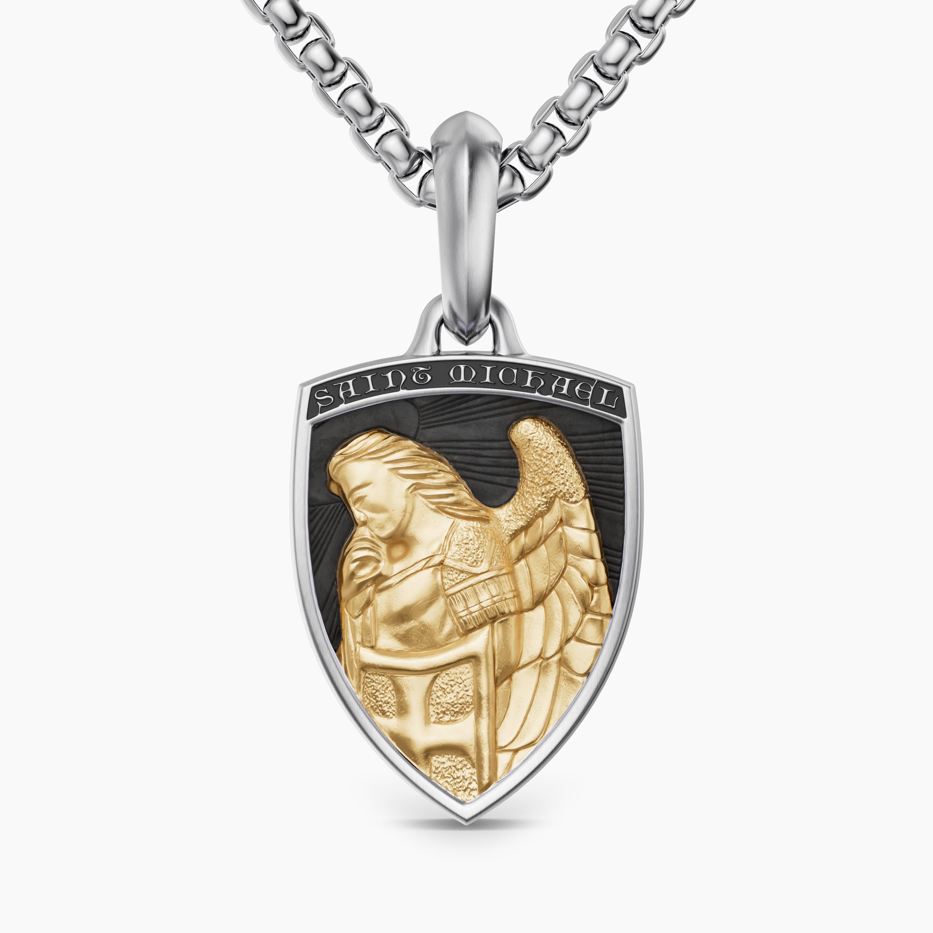 Mens St. Michael Amulet in Sterling Silver with 14K Yellow Gold, 26mm