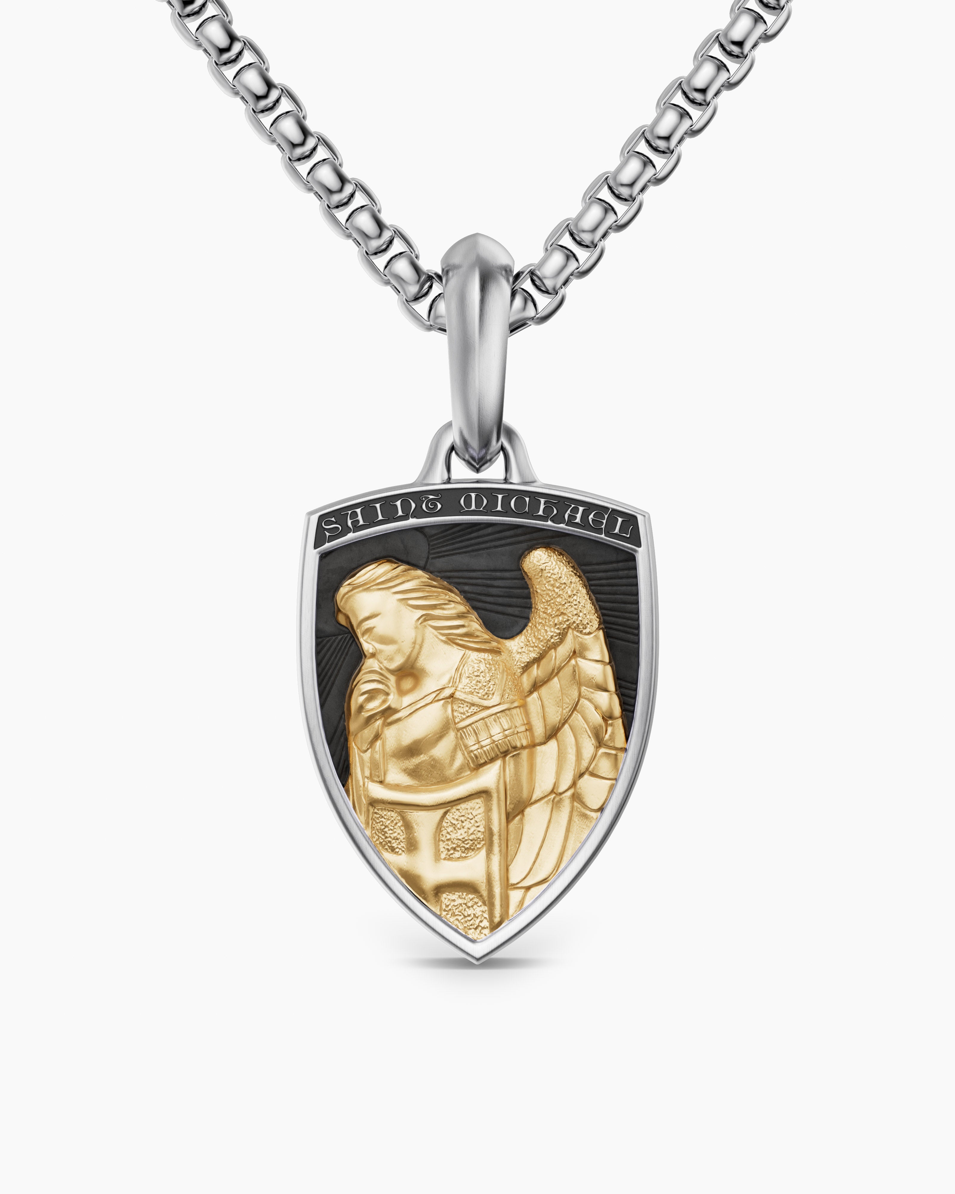 Mens St. Michael Amulet in Sterling Silver with 14K Yellow Gold, 26mm