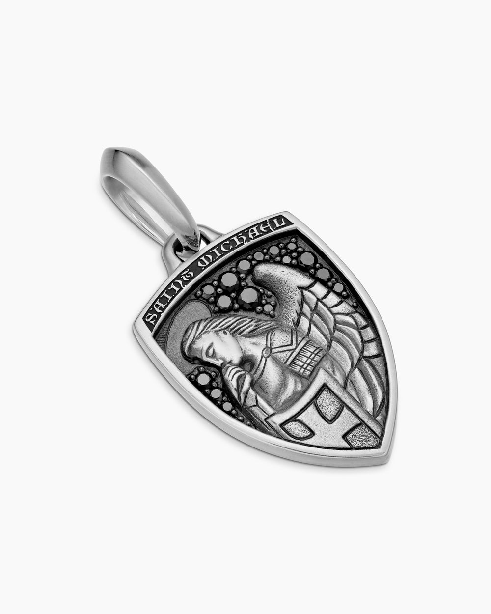 Mens St. Michael Amulet in Sterling Silver with Black Diamonds, 26mm