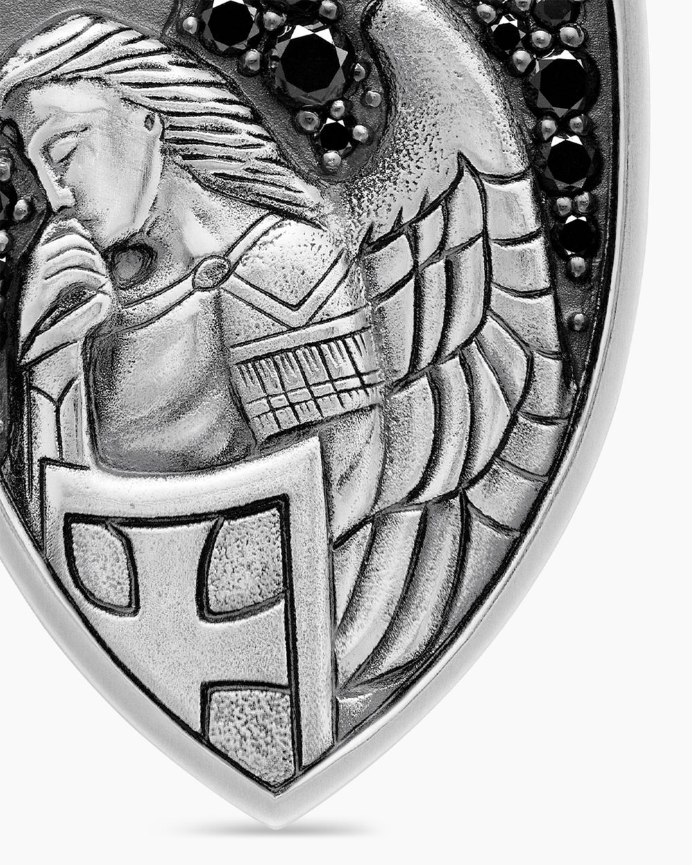 Mens St. Michael Amulet in Sterling Silver with Black Diamonds, 26mm