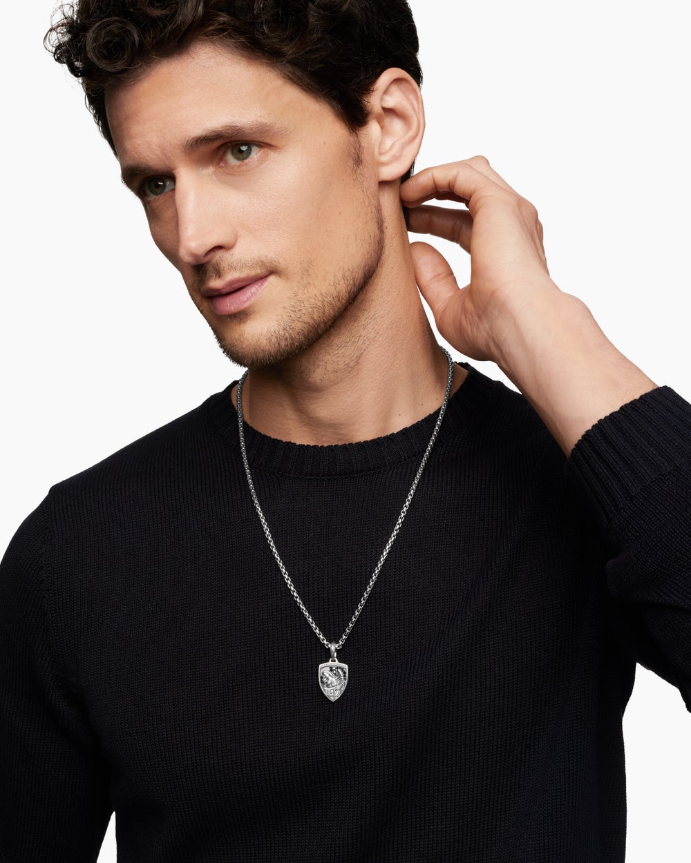 Mens St. Michael Amulet in Sterling Silver with Black Diamonds, 26mm