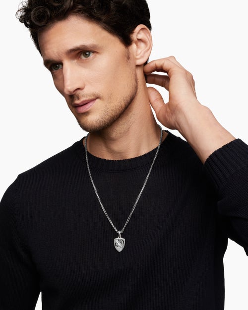 Mens St. Michael Amulet in Sterling Silver with Black Diamonds, 26mm