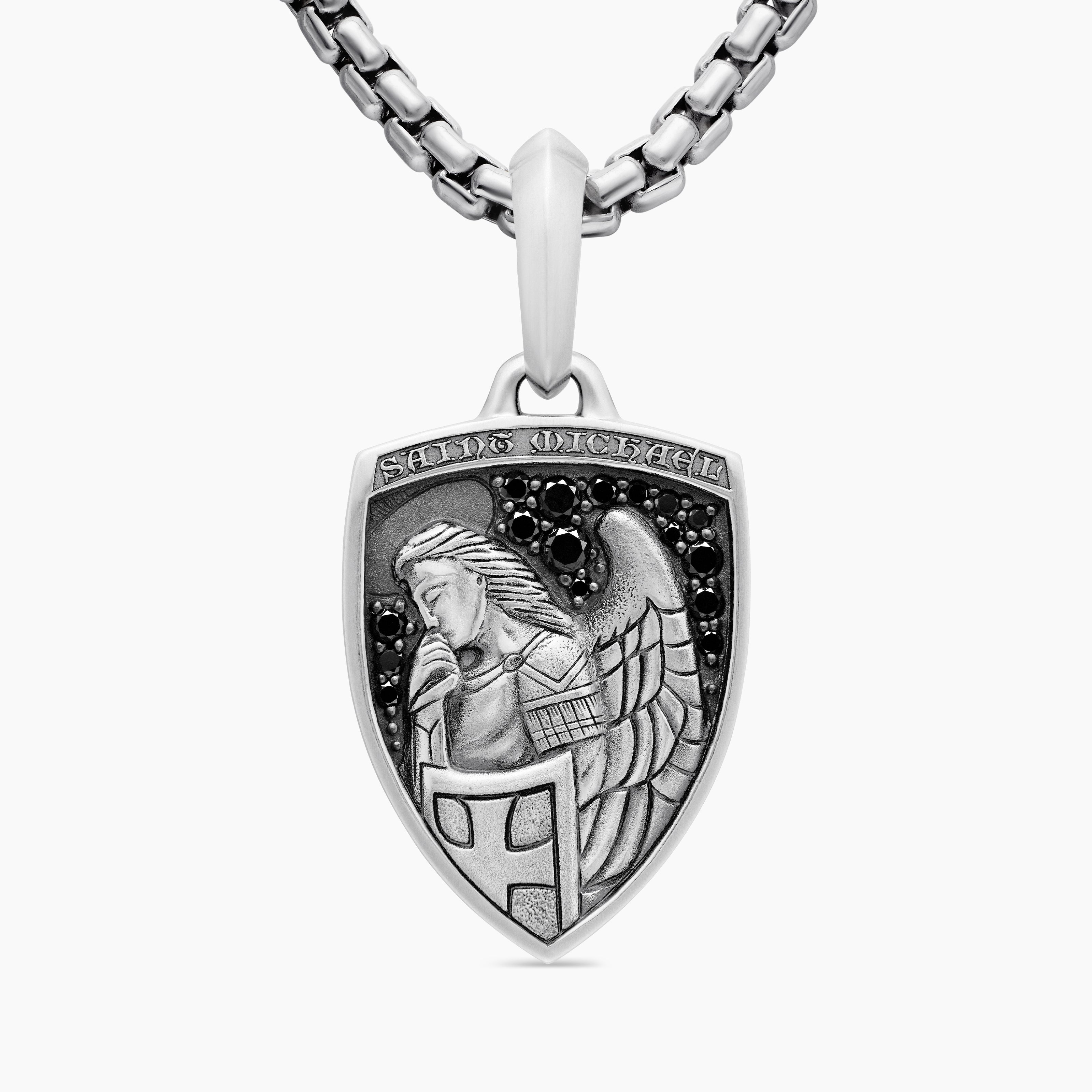 Mens St. Michael Amulet in Sterling Silver with Black Diamonds, 26mm
