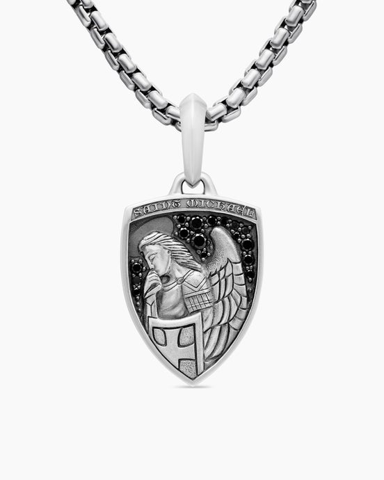 St. Michael Amulet in Sterling Silver with Black Diamonds, 26mm