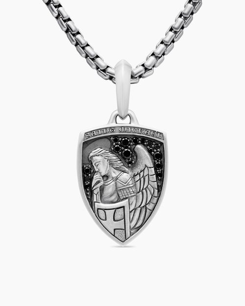 Mens St. Michael Amulet in Sterling Silver with Black Diamonds, 26mm