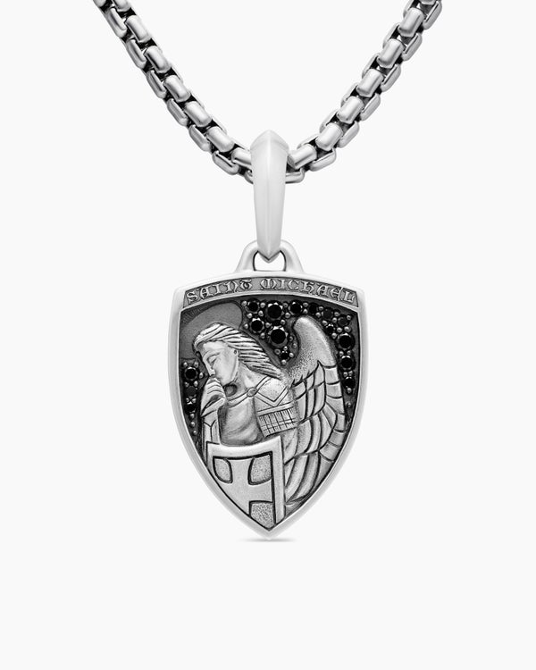 St. Michael Amulet in Sterling Silver with Black Diamonds, 26mm