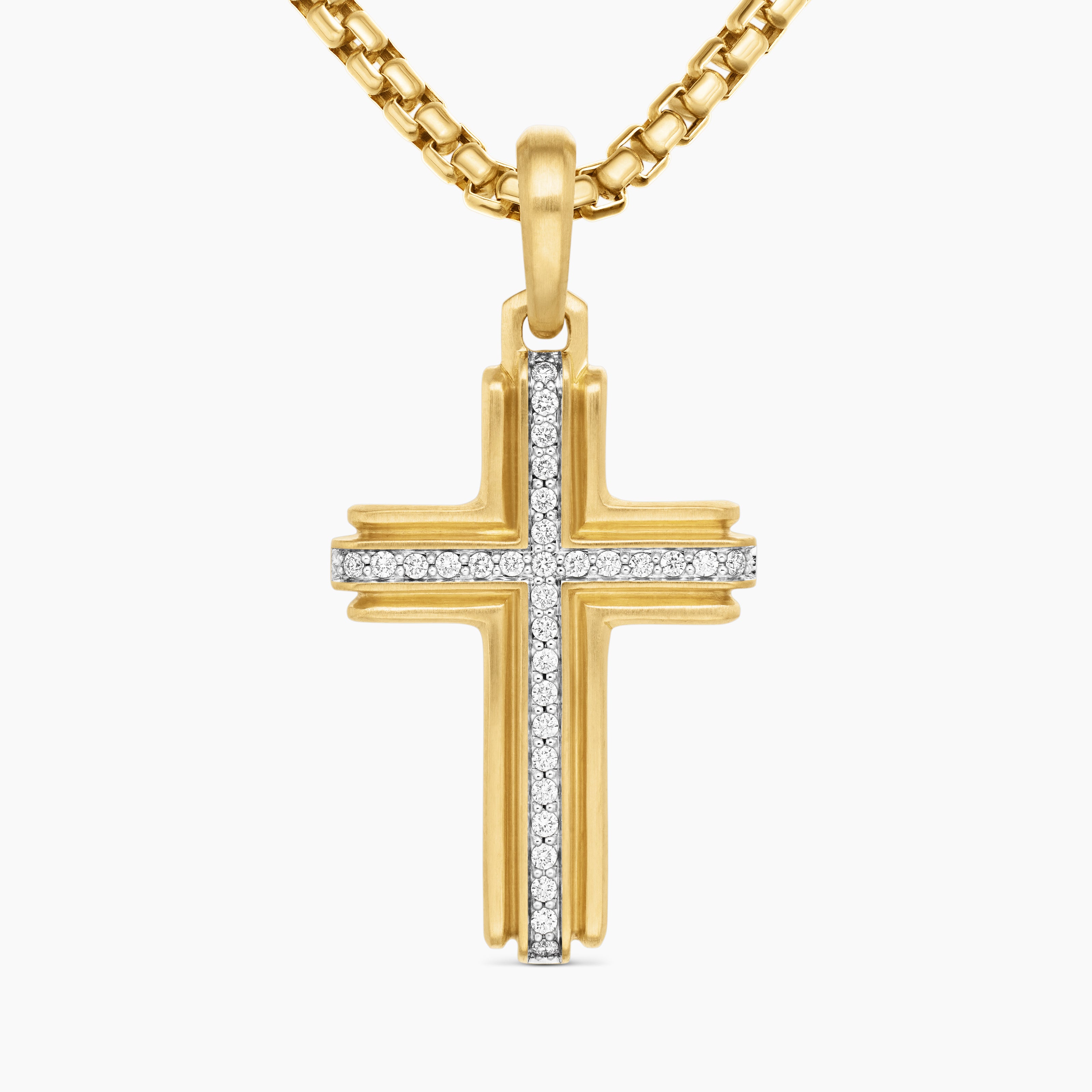 Mens Cross Pendant in 18K Yellow Gold with Diamonds, 34mm
