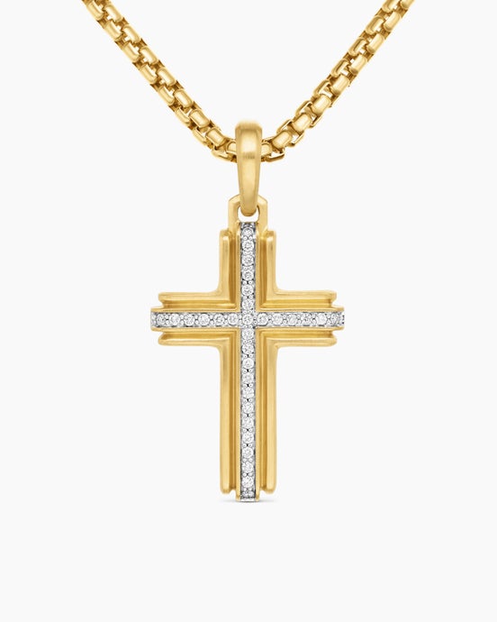 Cross Pendant in 18K Yellow Gold with Diamonds, 34mm