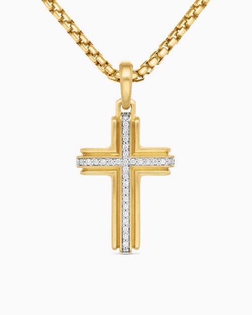 Mens Cross Pendant in 18K Yellow Gold with Diamonds, 34mm