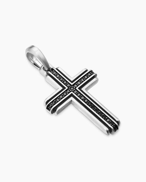 Mens Cross Pendant in Sterling Silver with Black Diamonds, 34mm