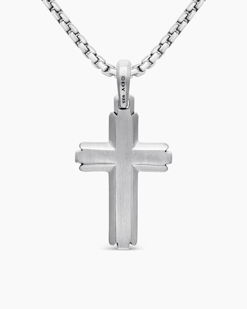 Mens Cross Pendant in Sterling Silver with Black Diamonds, 34mm