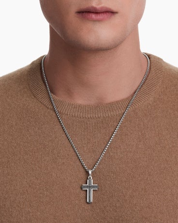Deco Cross Pendant in Sterling Silver with Black Diamonds, 34mm