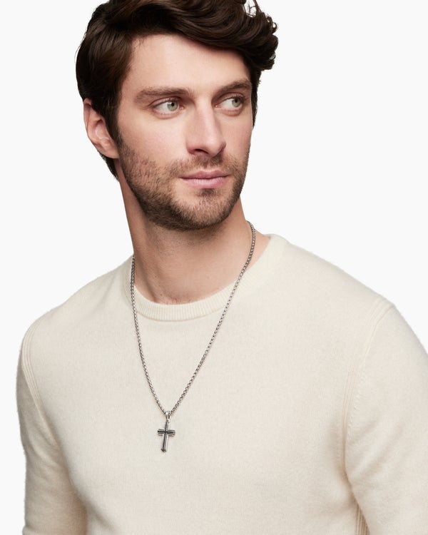 Pendentif Deco croix en argent massif avec diamants noirs, 34 mm