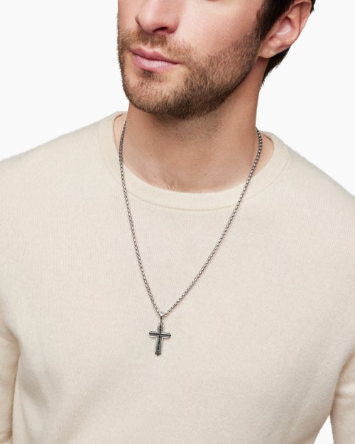 Mens Cross Pendant in Sterling Silver with Black Diamonds, 34mm