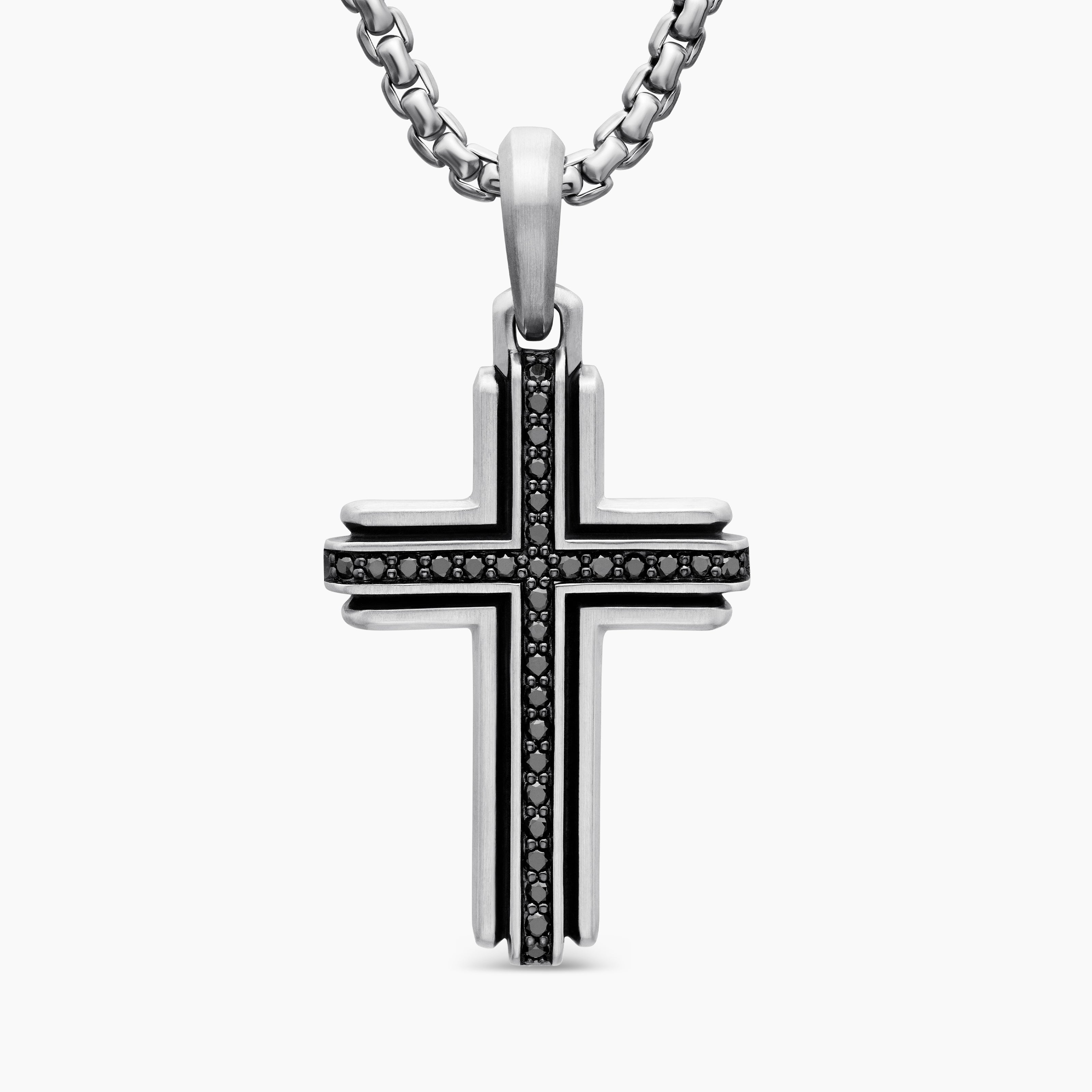 Mens Cross Pendant in Sterling Silver with Black Diamonds, 34mm