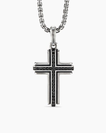 Deco Cross Pendant in Sterling Silver with Black Diamonds, 34mm