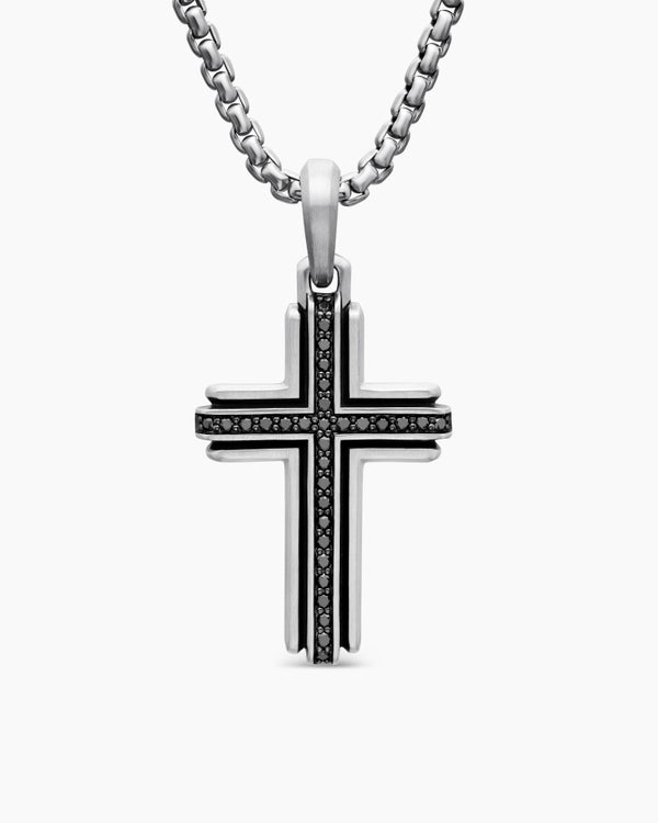 Pendentif Deco croix en argent massif avec diamants noirs, 34 mm