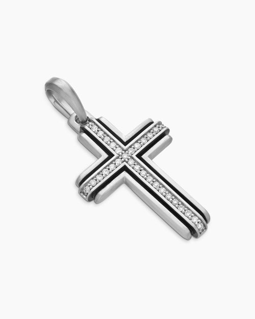 Mens Cross Pendant in Sterling Silver with Diamonds, 34mm