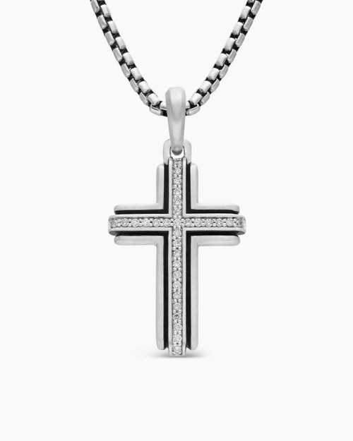 Mens Cross Pendant in Sterling Silver with Diamonds, 34mm