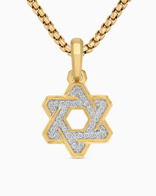 Mens Deco Star of David Pendant in 18K Yellow Gold with Diamonds, 19.5mm