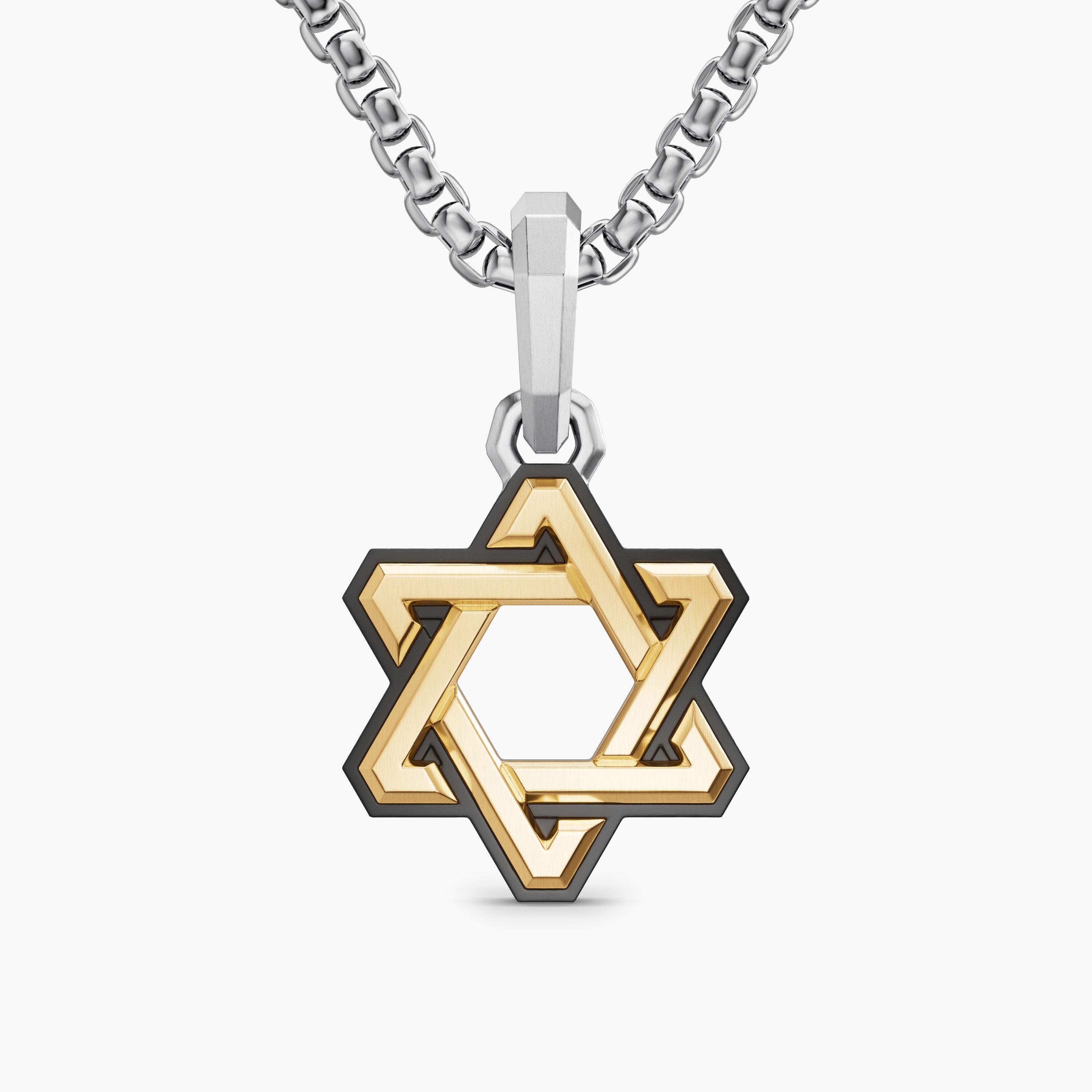 Mens Deco Star of David Amulet in Sterling Silver with 14K Yellow Gold, 19.5mm
