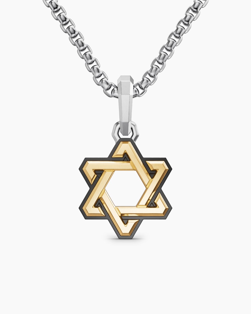 Mens Deco Star of David Amulet in Sterling Silver with 14K Yellow Gold, 19.5mm