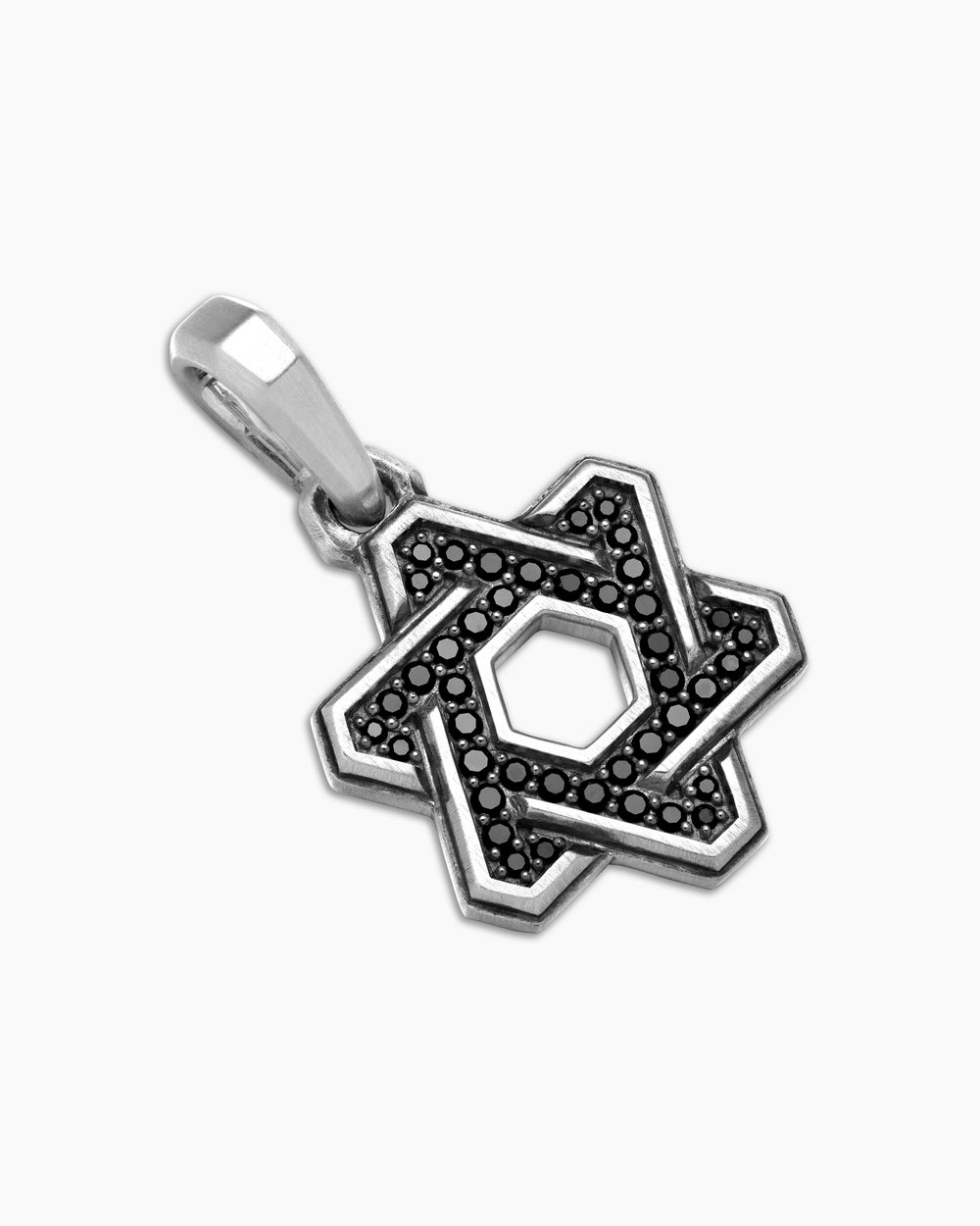 Mens Deco Star of David Pendant in Sterling Silver with Black Diamonds, 19.5mm