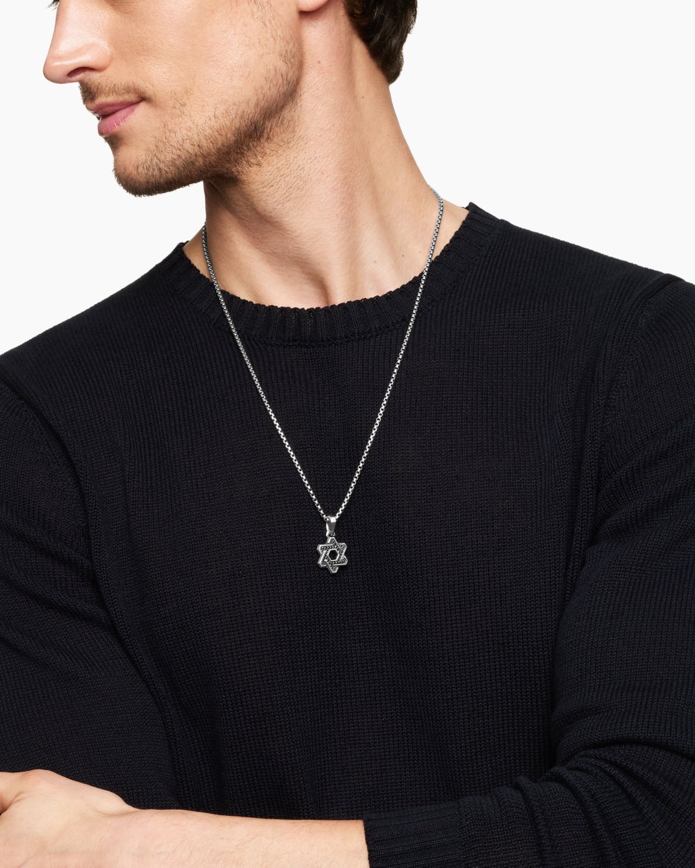 Mens Deco Star of David Pendant in Sterling Silver with Black Diamonds, 19.5mm