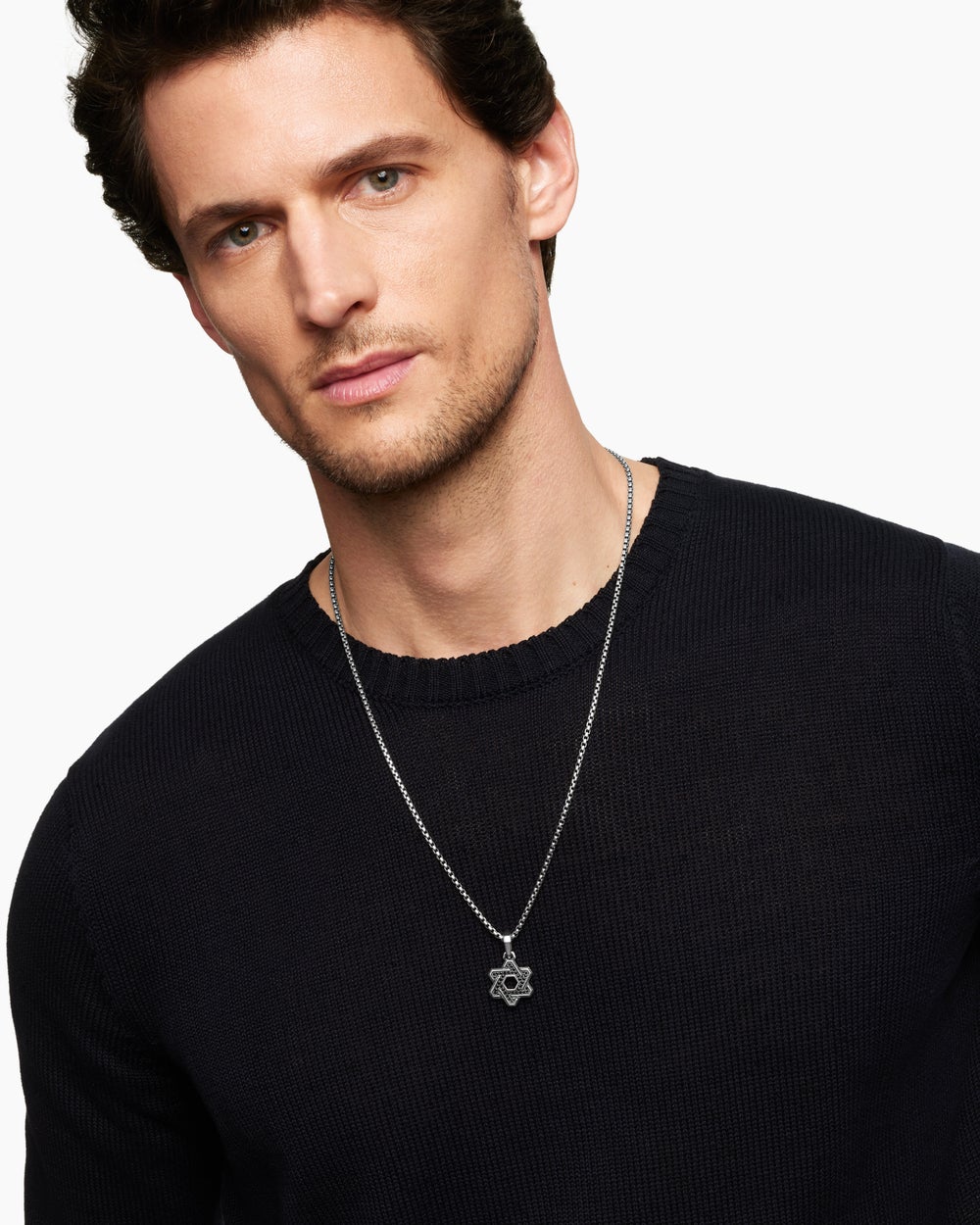 Mens Deco Star of David Pendant in Sterling Silver with Black Diamonds, 19.5mm