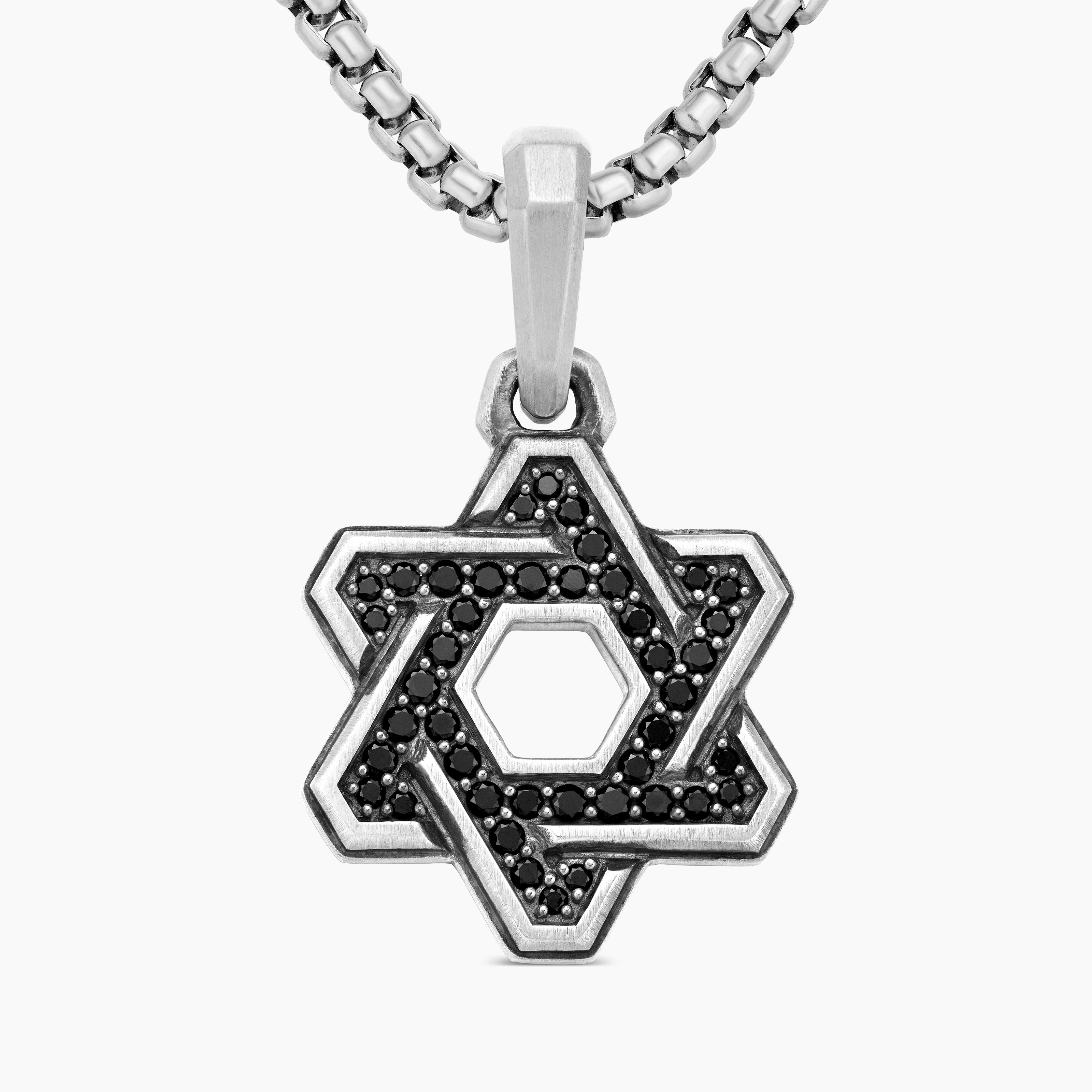 Mens Deco Star of David Pendant in Sterling Silver with Black Diamonds, 19.5mm
