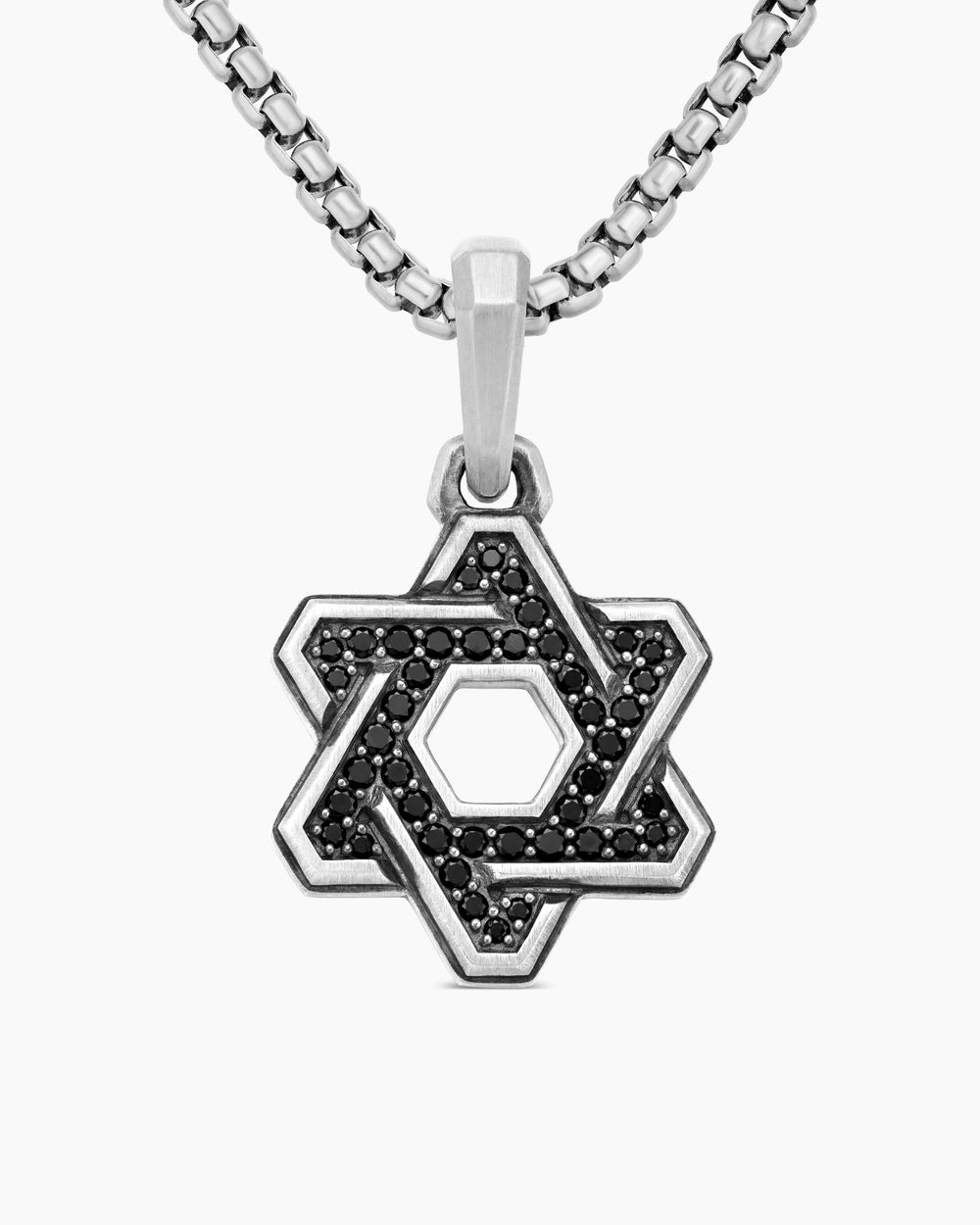 Mens Deco Star of David Pendant in Sterling Silver with Black Diamonds, 19.5mm