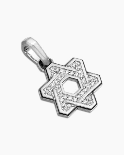 Mens Deco Star of David Pendant in Sterling Silver with Diamonds, 19.5mm