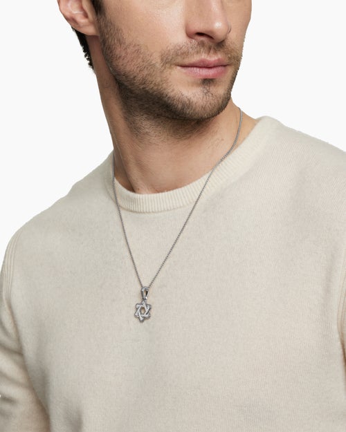 Mens Deco Star of David Pendant in Sterling Silver with Diamonds, 19.5mm