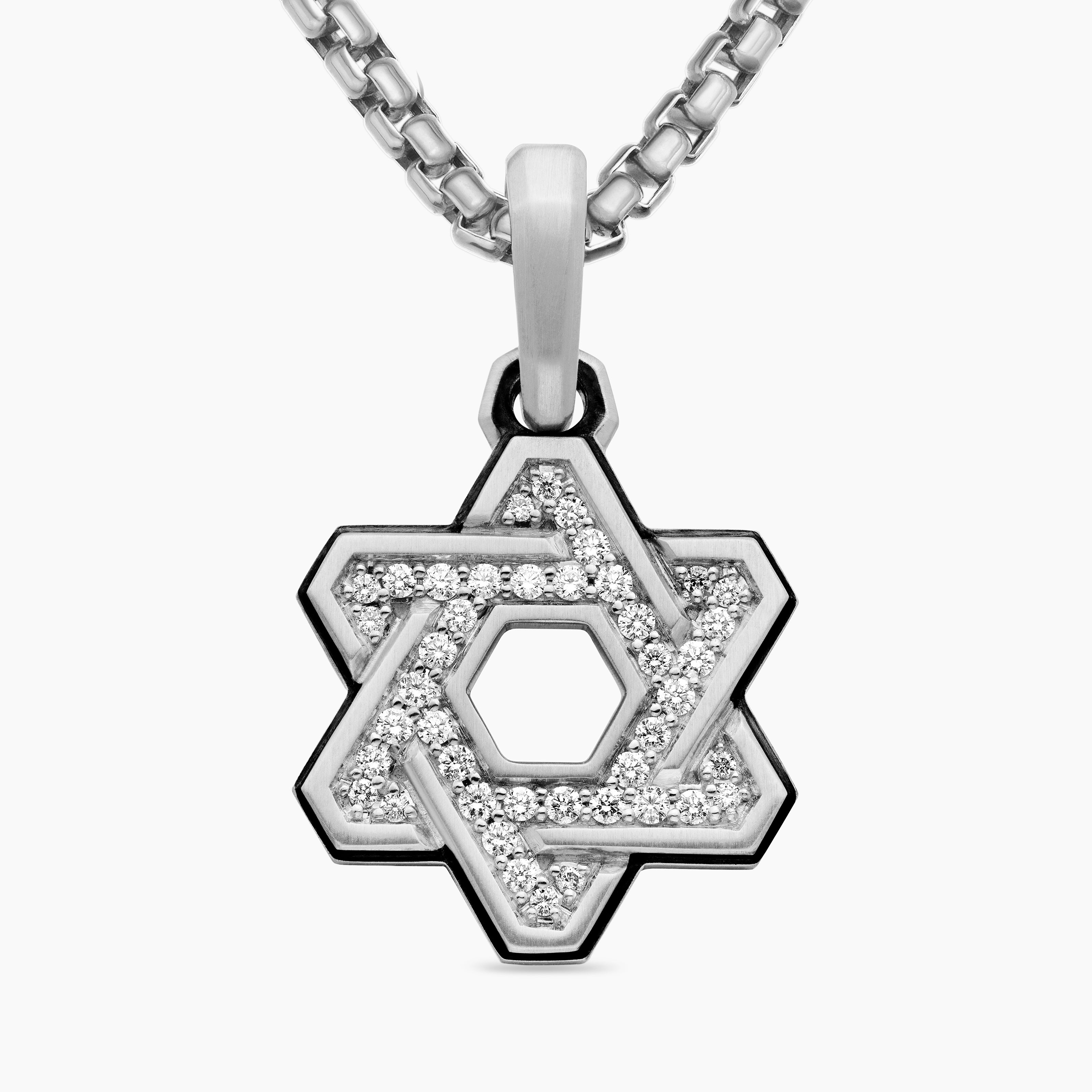 Mens Deco Star of David Pendant in Sterling Silver with Diamonds, 19.5mm