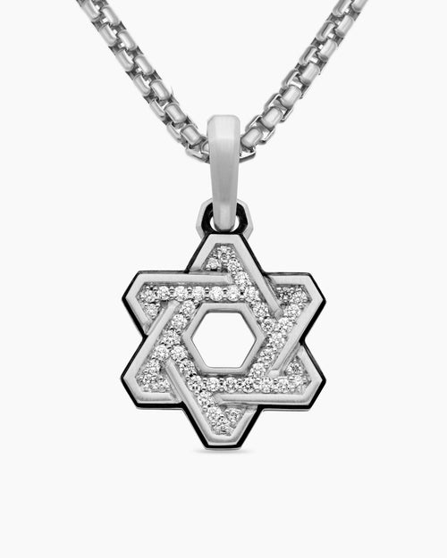 Mens Deco Star of David Pendant in Sterling Silver with Diamonds, 19.5mm