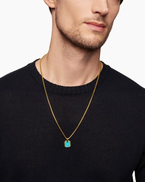 Mens Octagonal Amulet in 18K Yellow Gold with Turquoise, 15mm