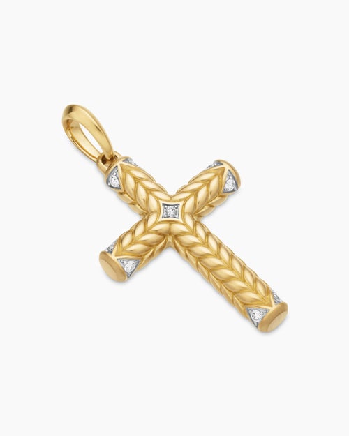 Mens Chevron Cross Pendant in 18K Yellow Gold with Diamonds, 36mm