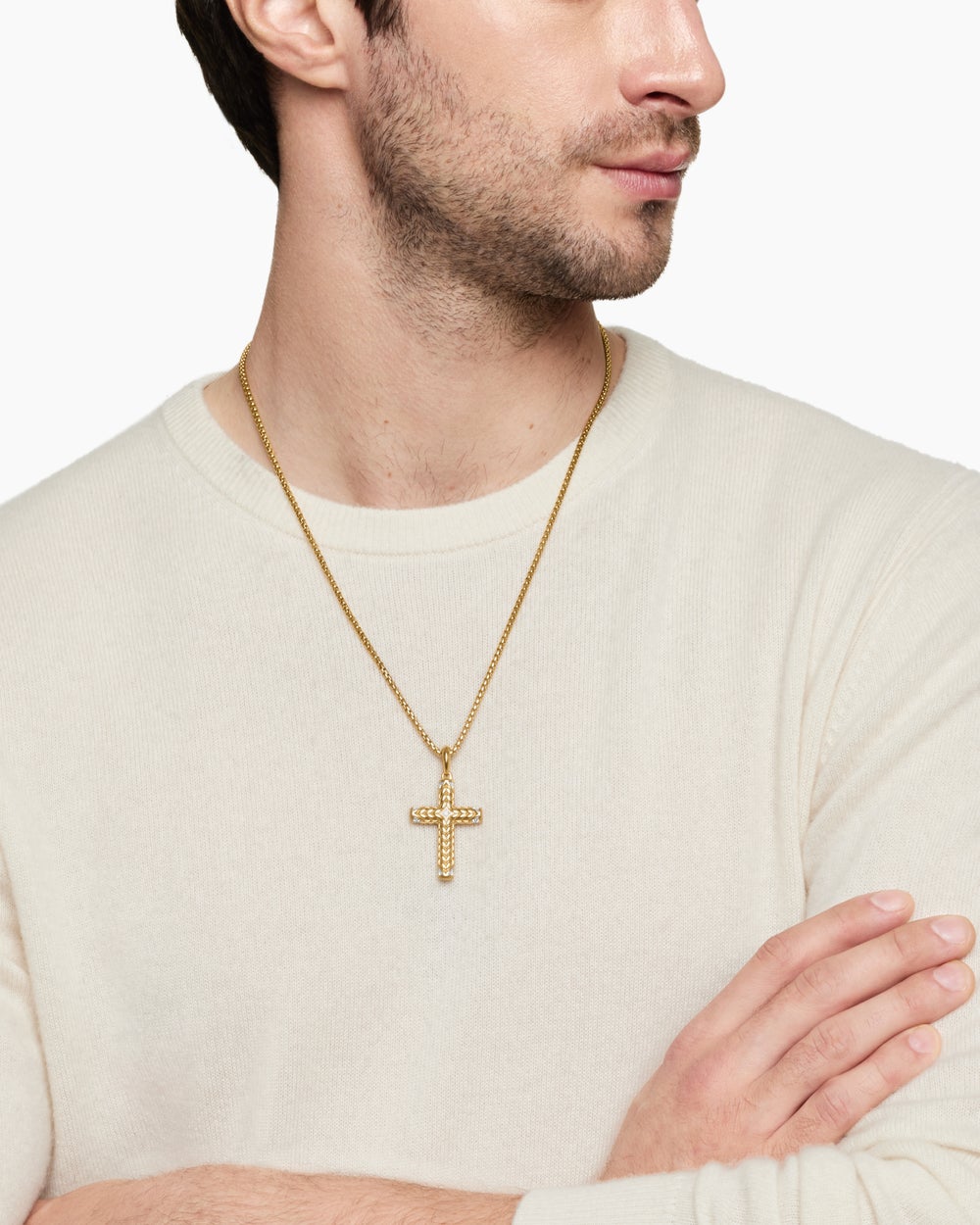 Mens Chevron Cross Pendant in 18K Yellow Gold with Diamonds, 36mm