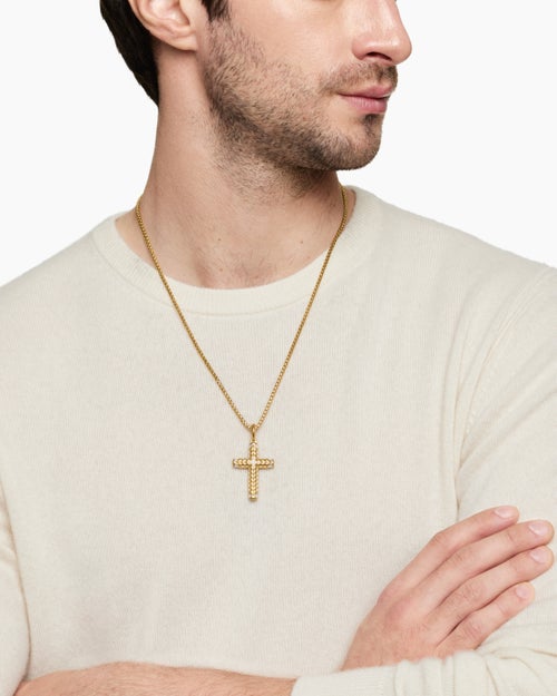 Mens Chevron Cross Pendant in 18K Yellow Gold with Diamonds, 36mm