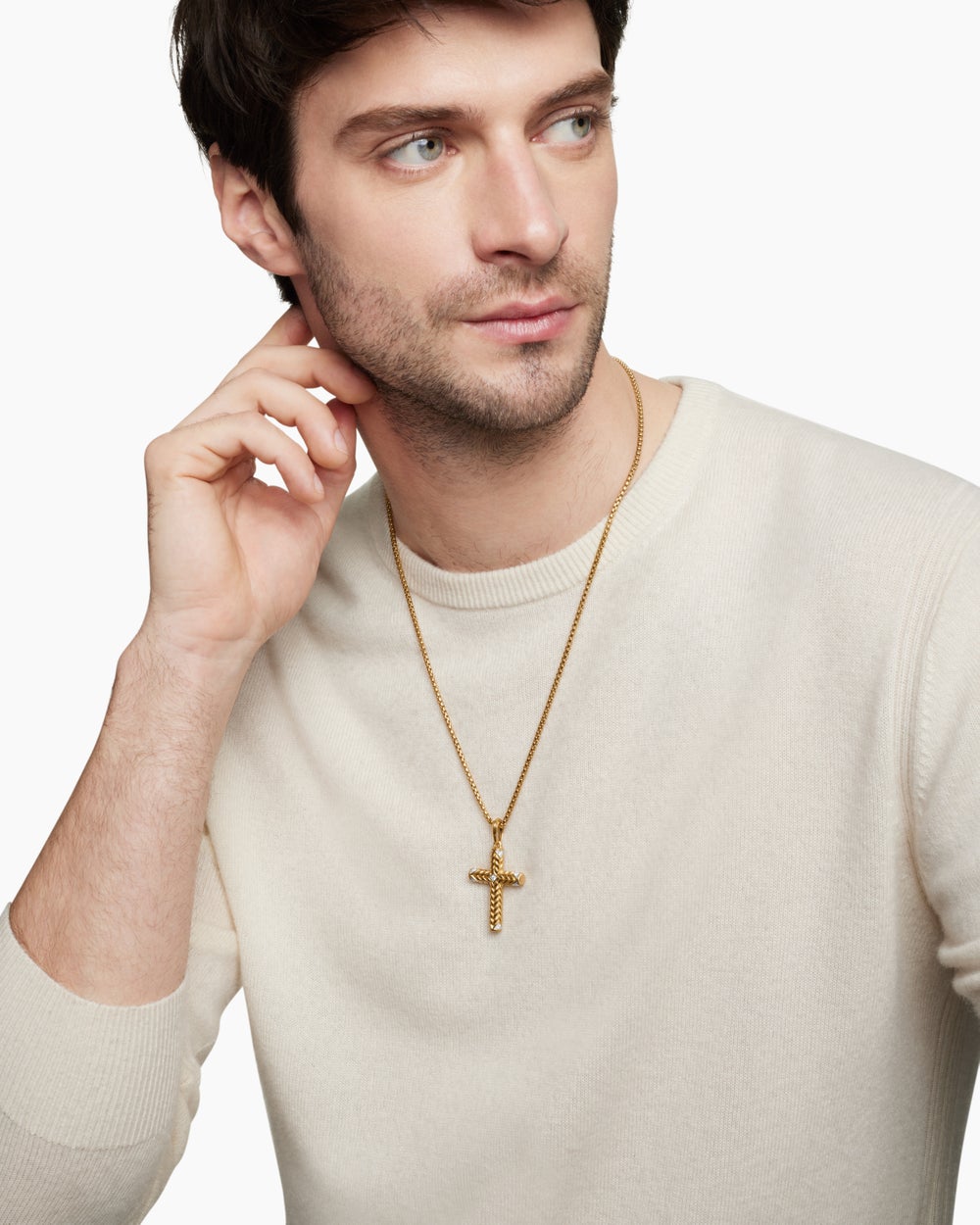 Mens Chevron Cross Pendant in 18K Yellow Gold with Diamonds, 36mm